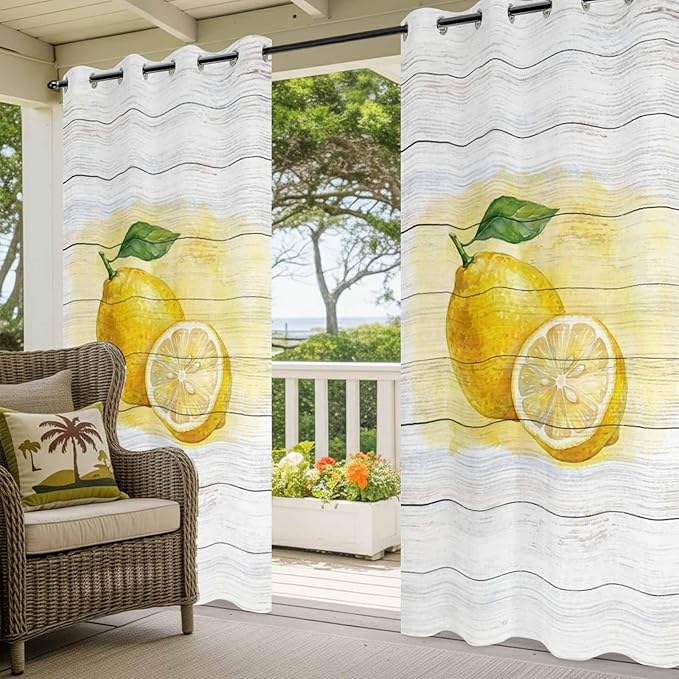 Lemons Yellow Summer Fruit Vintage Wood Outdoor Curtains for Patio Waterproof Outside Curtains with Grommet Top Weatherproof Curtain for Cabana Pergola Gazebo, 2 Pack, 54" W x 95" L