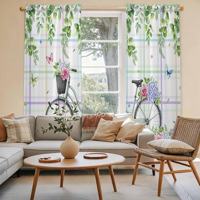 Spring Kitchen Curtains, Bicycles Botanical Leaves Rose Colorful Stripes Light Filtering Window Curtain Panels, 2Pcs Rod Pocket Window Treatments Set for Living Room Bathroom Bedroom 52x72 Inches