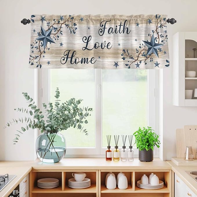 Vintage Country Kitchen Curtains Set 3 Piece for Windows,Rod Pocket Valance and Tier Set 36 Inch Length,Blue Rustic Texas Star Vines Wooden Grain Light Filtering Cafe Curtains for Living Room