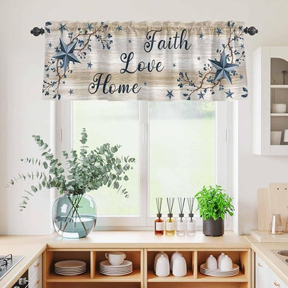 Vintage Country Kitchen Curtains Set 3 Piece for Windows,Rod Pocket Valance and Tier Set 36 Inch Length,Blue Rustic Texas Star Vines Wooden Grain Light Filtering Cafe Curtains for Living Room