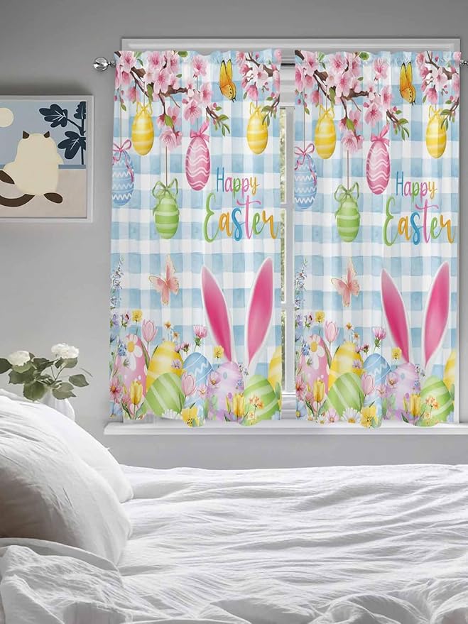 Happy Easter Living Room Curtains 72 Inches length, Spring Watercolor Bunny Eggs Flower Blue Plaid Window Treatment Curtain Drapes, Light Filtering Drapes for Bedroom Laundry Room, 52"x72", 2 Panels