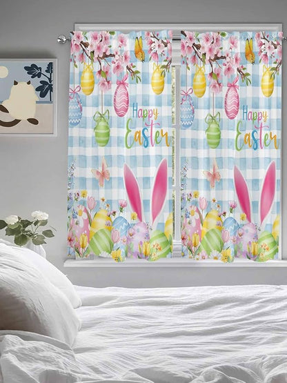 Happy Easter Living Room Curtains 72 Inches length, Spring Watercolor Bunny Eggs Flower Blue Plaid Window Treatment Curtain Drapes, Light Filtering Drapes for Bedroom Laundry Room, 52"x72", 2 Panels