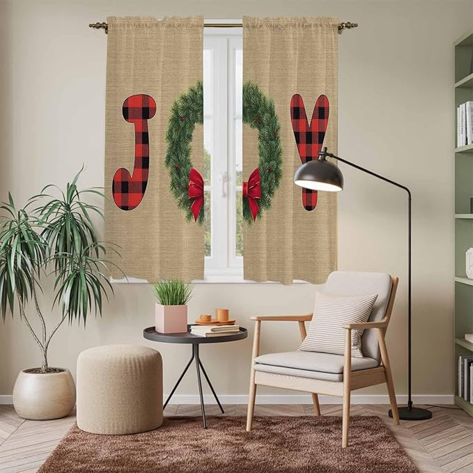 Red Green Christmas Window Curtains 63 Inch Long 2 Panel Set, Rod Pocket Bedroom Curtains & Drapes, Xmas Botanical Winter Farmhouse Light Filtering Window Treatment for Living Room 42"W x 63"L