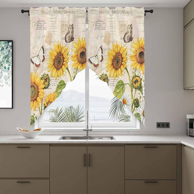 Yellow Sunflowers Swag Valances for Windows, Country Farm Butterfly Flower Light Beige Rod Pocket Kitchen Curtains Valance, Small Window Curtains Swag for Cafe Living Room, 2 Panels, 28x36 inch