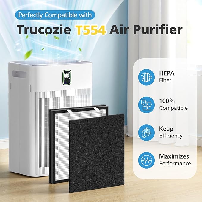 4 Pack T554 Replacement Filter Compatible with Trucozie T554 Air Purifier, 3-in-1 Filtration System Replacement Filters with Activated Carbon for Home Room, 4 HEPA Filter and 8 Washable Pre-Filters