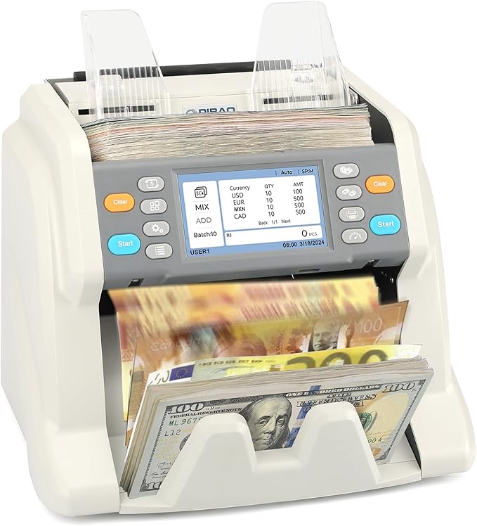 RIBAO MC-40 Mixed Denomination Money Counter, Business Grade Cash Counting Machine, CIS/UV/MT Counterfeit Detection, Muti Currency Bill Counter Printer Compatible Value Count