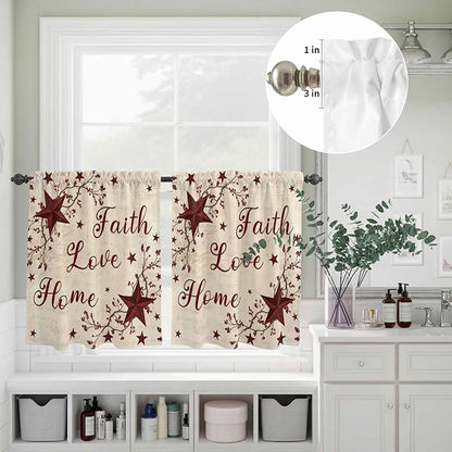 Kitchen Curtains Tiers and Valance Set of 3, Vintage Country Light Filtering Window Curtain Set, Vintage Rustic Texas Stars Plants Branch Rod Pocket Curtain Drapes for Living Room, 36 Inches Tiers