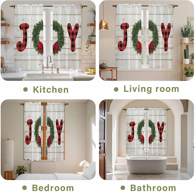 Christmas Wreaths Window Curtains 63 Inch Long 2 Panel Set, Rod Pocket Bedroom Curtains & Drapes, Winter Bow Plaid Farmhouse Wooden Grain Light Filtering Window Treatment for Living Room 42"W x 63"L