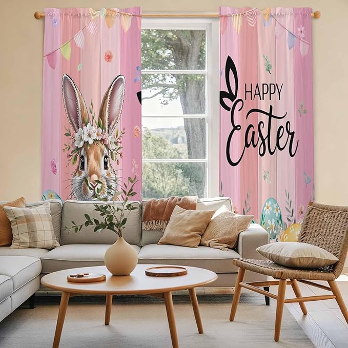 Easter Kitchen Curtains, Spring Rabbit Eggs Flowers Flags Leaves Wood Grain Light Filtering Window Curtain Panels, 2Pcs Rod Pocket Window Treatments Set for Living Room Bathroom Bedroom 52x72 Inches