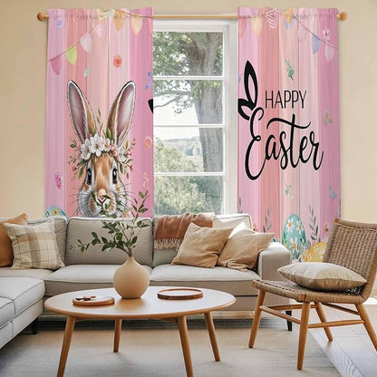 Easter Kitchen Curtains, Spring Rabbit Eggs Flowers Flags Leaves Wood Grain Light Filtering Window Curtain Panels, 2Pcs Rod Pocket Window Treatments Set for Living Room Bathroom Bedroom 52x72 Inches