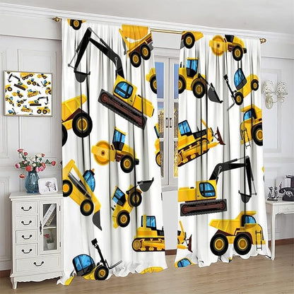 Kids Construction Equipment Window Curtains, Excavator Tractor Tow Truck Rod Pocket Decorative Windows Curtain for Children Teens Boys Girls Room Decor 55x63in (30% Blackout)