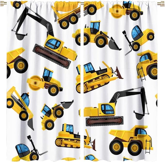 Kids Construction Equipment Window Curtains, Excavator Tractor Tow Truck Rod Pocket Decorative Windows Curtain for Children Teens Boys Girls Room Decor 63x63in (30% Blackout)