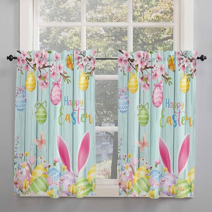 Happy Easter Tier Curtains 45 Inches Long, Spring Bunny Eggs Flower Teal Wood Grain Window Treatment Curtain Drapes, Window Half Privacy Curtains for Bedroom Bathroom, 42"x45", 2 Panels