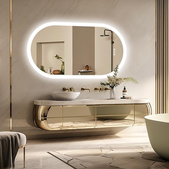 LUVODI Lighted LED Bathroom Mirror: 32x20IN Oval Wall Mounted Vanity Mirror with Bright Back Lit - Illuminated Dimmable 3 Colors Makeup Mirrors with Smart Memory Form Anti-Fog Vertical or Horizontal