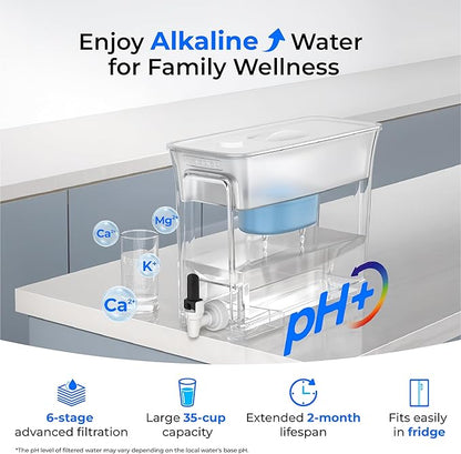 Waterdrop Slim Alkaline Water Filter Dispenser, 35-Cup, Large Capacity, 100-Gallon Long-Life, Faster Filtration, Reduces Chlorine, PFOA/PFOS and More, BPA Free, White (with 1 Filter)