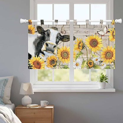 Yellow Sunflowers Kitchen Curtains 24 Inch Length, Small Window Curtains Tab Top, Farmhouse Cow Barn Doors Floral Butterfly Light Filtering Short Window Treatments Tier Drapes 27.5"x24" 2 Panel