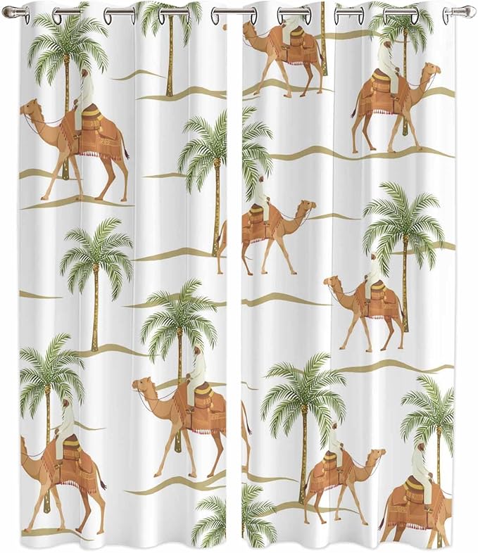 2 Panel Kitchen Cafe Curtains, Desert Camels Sunlight Filtering Nature Air Through, Home Decor Window Covering Tier Curtains for Bedroom Living Room 104W x 90L inch Tropical Date Palm Trees Animal