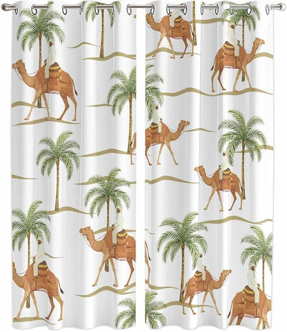 2 Panel Kitchen Cafe Curtains, Desert Camels Sunlight Filtering Nature Air Through, Home Decor Window Covering Tier Curtains for Bedroom Living Room 104W x 90L inch Tropical Date Palm Trees Animal