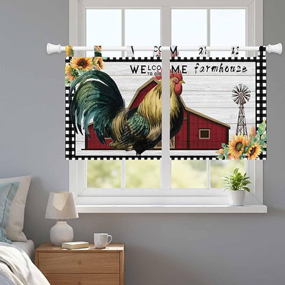Farmhouse Rooster Kitchen Curtains 24 Inch Length, Small Window Curtains Tab Top, Rustic Red Barn Windmill Sunflowers Light Filtering Short Window Treatments Tier Drapes 27.5"x24" 2 Panel