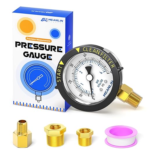 MEANLIN MEASURE 0~60Psi Stainless Steel Start and Clean Filter Pressure Gauge 1/4" NPT Waterproof for Pool Filter Pump Swimming Pool, Spa Lower Mount with Rotatable Plastic Frame and Hex Bushing
