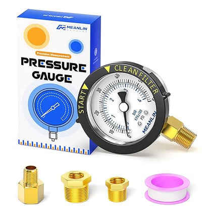 MEANLIN MEASURE 0~60Psi Stainless Steel Start and Clean Filter Pressure Gauge 1/4" NPT Waterproof for Pool Filter Pump Swimming Pool, Spa Lower Mount with Rotatable Plastic Frame and Hex Bushing