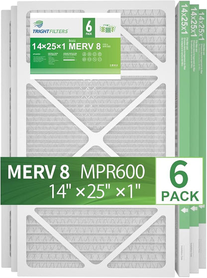 14x25x1 Air Filter 6 Pack, Durable MERV 8 Pleated Home HVAC AC Furnace Filters, Lightweight Compact Air Conditioner Filter Replacement