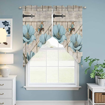 Teal Blue Tulips Swag Valances for Windows, Spring Floral Barn Doors Vintage Wood Beige Rod Pocket Kitchen Curtains Valance, Kitchen Window Curtains Swag for Cafe Living Room, 2 Panels, 36x63 inch