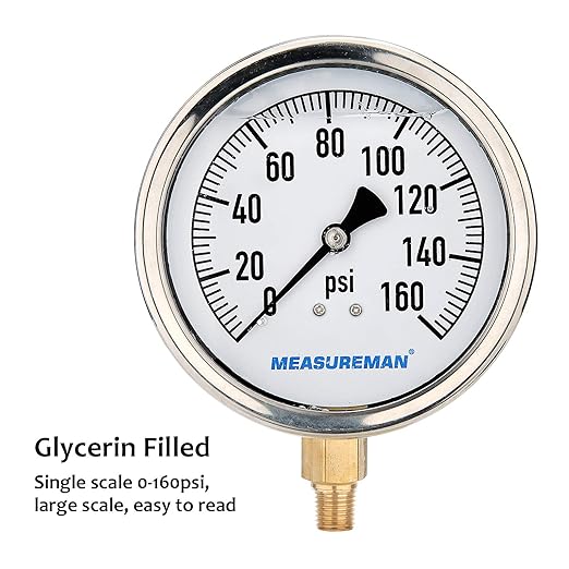 MEASUREMAN 4" Dial Size, Glycerin Filled Plumbing Pressure Gauge, 0-160psi, Stainless Steel Case, 1/4" NPT Lower Mount