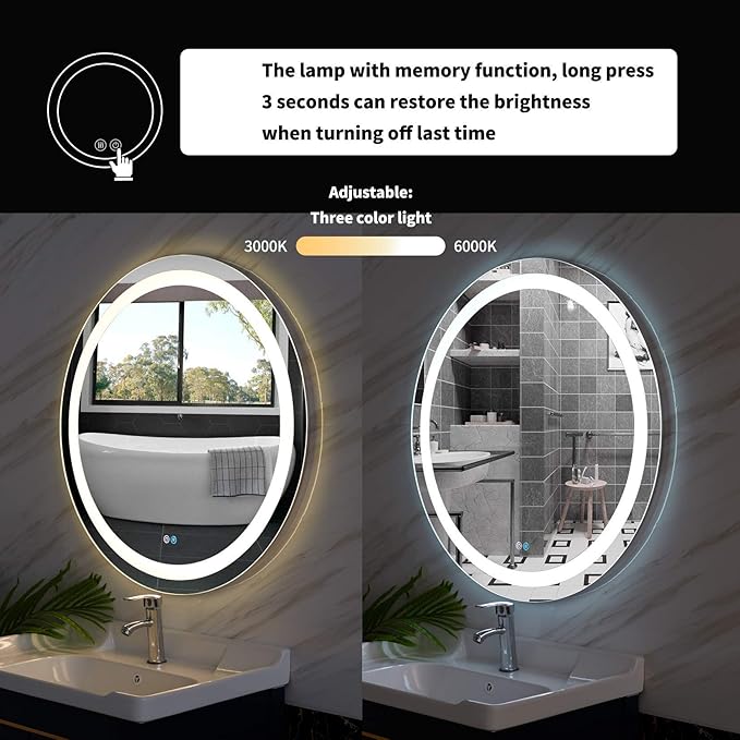 Illuminated Bathroom Mirror 800 x 800 MM Round LED Wall Mounted Vanity Mirror with Touch Sensor and Demister Pad Anti -Fog Makeup Mirror for Home Hotel IP44 Rated