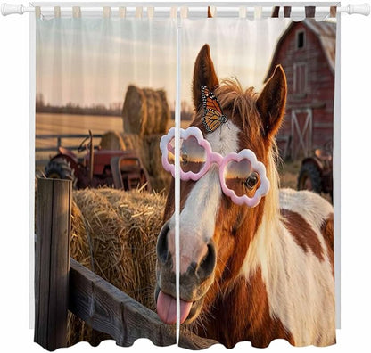 Farm Horses Living Room Curtains 96 Inch Length, Window Curtains Tab Top, Farmhouse Barn Funny Animals Butterfly Light Filtering Window Treatments Drapes 52"x96" 2 Panel