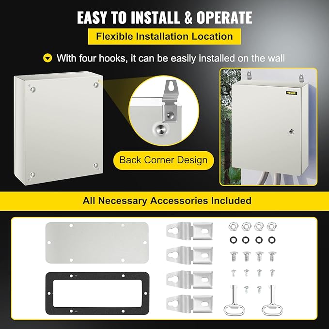 VEVOR NEMA Steel Enclosure, 20 x 16 x 6'' NEMA 4X Steel Electrical Box, IP66 Waterproof & Dustproof, Outdoor/Indoor Electrical Junction Box, with Mounting Plate