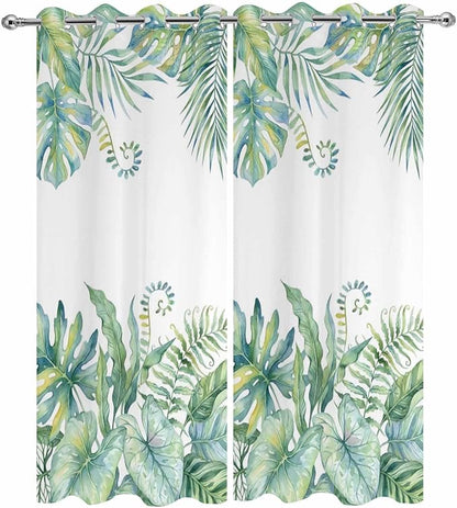Leaves Outdoor Curtains for Patio Green Leaf Tropical Plants Farmhouse Pastoral Waterproof Outside Curtains with Grommet Top Weatherproof Curtain for Cabana Pergola Gazebo, 2 Pack, 54" W x 95" L