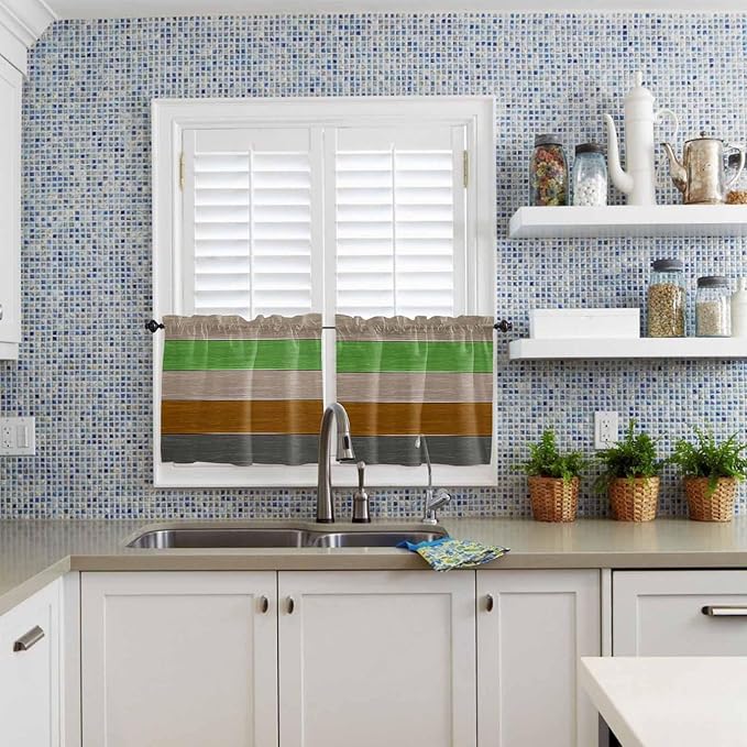 Farm Gray Green Brown Wood Grain Window Valance Curtains, Rustic Wooden Plank Light Filtering Kitchen Valance with 3-inch Rod Pocket for Living Room Bathroom Bedroom,2 Panel,27.5x24In