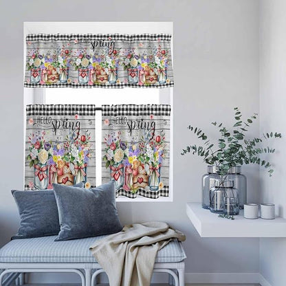 Spring Flowers Kitchen Curtain Set, Farmhouse Black Plaid Wood Grain Window Valance and Tiers 36" Length, Light Filtering Short Curtains Valance for Cafe Bathroom Bedroom 54"x18"