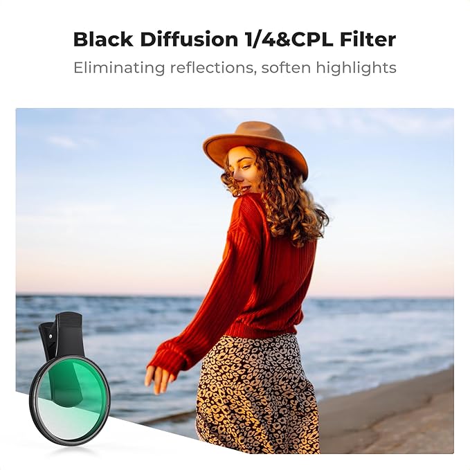 K&F CONCEPT 67mm Clip-on Black Diffusion 1/4&CPL Phone Camera Lens Filter Kit, Mist Cinematic Effect Filter Compatible with iPhone 16 15 14 13 12 11, for Video/Vlog/Portrait Photography