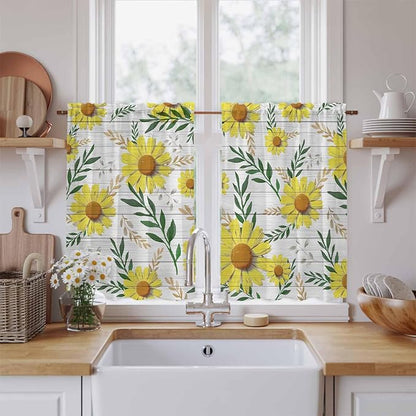 Yellow Daisy Kitchen Curtains, Farmhouse Country Flower Leaf Plant Wood Grain Light Filtering Window Curtain Panels, 2Pcs Rod Pocket Window Treatments Set for RV Dining Room Study Room 42x45 Inches