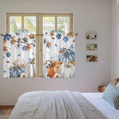Navy Blue Pumpkin Fall Kitchen Tier Curtains 45 Inch Long 2 Panel Set,Rod Pocket Short Window Treatment,Thanksgiving Maple Leaves Branches Curtains & Drapes for Bathroom Basement 27.5"W x 45"L