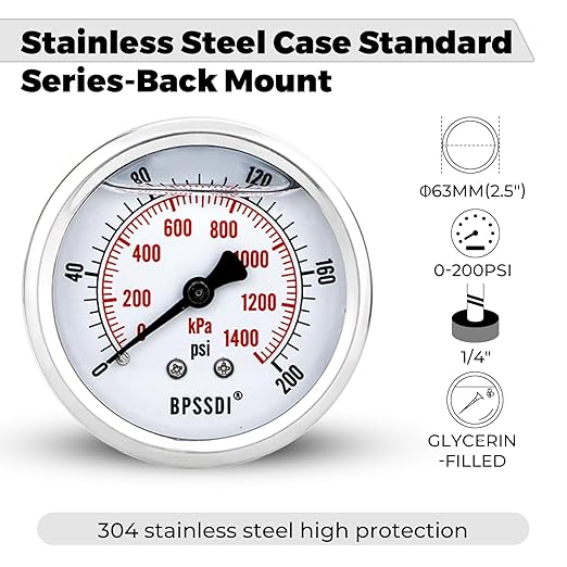 0-200 Psi Glycerin Liquid Filled Low Pressure Gauge, 2.5" Dial Size, 1/4" G Back Mount, 304 Stainless Steel Case, for Water Pipe, HVAC, Water Oil Air Pressure Test