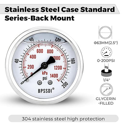 0-200 Psi Glycerin Liquid Filled Low Pressure Gauge, 2.5" Dial Size, 1/4" G Back Mount, 304 Stainless Steel Case, for Water Pipe, HVAC, Water Oil Air Pressure Test