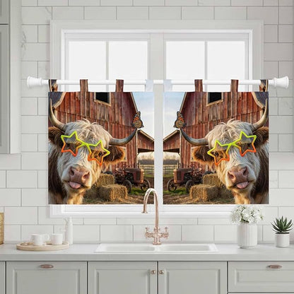 Farm Yaks Kitchen Curtains 24 Inch Length, Small Window Curtains Tab Top, Farmhouse Barn Funny Animals Butterfly Light Filtering Short Window Treatments Tier Drapes 27.5"x24" 2 Panel