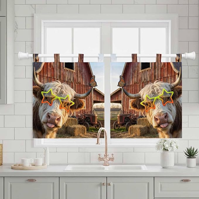 Farm Yaks Kitchen Curtains 36 Inch Length, Small Window Curtains Tab Top, Farmhouse Barn Funny Animals Butterfly Light Filtering Short Window Treatments Tier Drapes 27.5"x36" 2 Panel