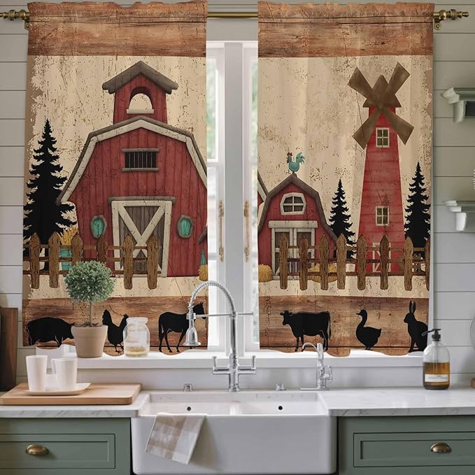 Brown Farmhouse Kitchen Curtains, Vintage Country Animals Wooden Grain Light Filtering Window Curtain Panels, 2Pcs Rod Pocket Window Treatments Set for Living Room Bathroom Bedroom 42x63 Inches
