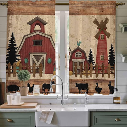 Brown Farmhouse Kitchen Curtains, Vintage Country Animals Wooden Grain Light Filtering Window Curtain Panels, 2Pcs Rod Pocket Window Treatments Set for Living Room Bathroom Bedroom 42x63 Inches