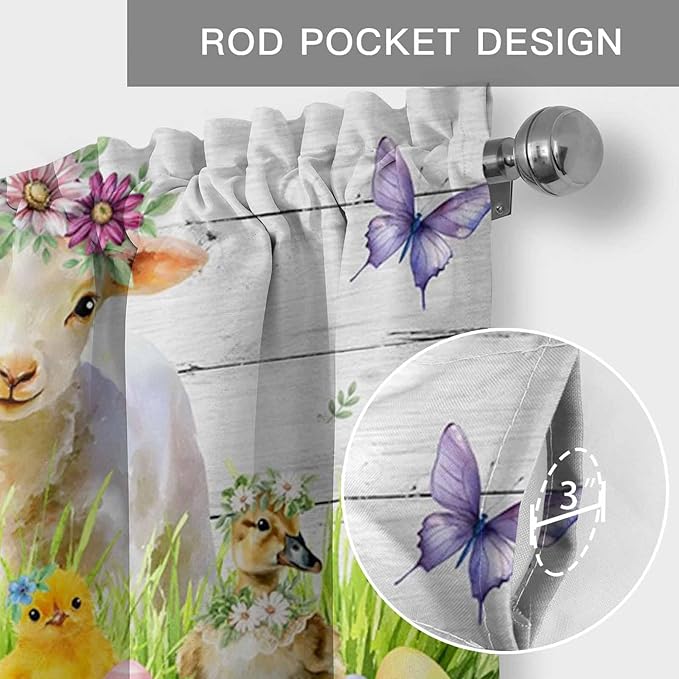 Easter Curtain Valances for Windows, Kitchen Valance Window Treatment, Spring Sheep Bunny Duck Plants Wooden Grain Light Filtering Block Curtains for Bathroom/Bedroom/Living Room 54'' x 18''