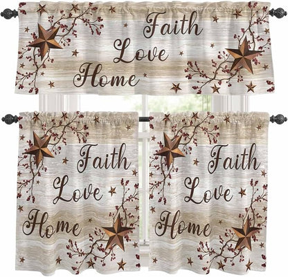 Kitchen Curtains Tiers and Valance Set of 3, Texas Star Brown Light Filtering Window Curtain Set, Farmhouse Retro Branches Wooden Grain Rod Pocket Curtain Drapes for Cafe, Living Room, 24 Inches Tiers