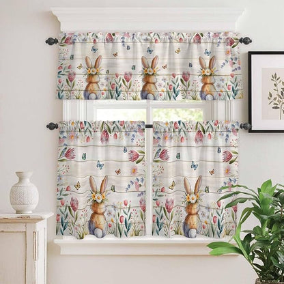 Kitchen Curtains Tiers and Valance Set of 3, Easter Light Filtering Window Curtain Set, Spring Bunny Butterfly Botanical Wooden Grain Rod Pocket Curtain Drapes for Cafe, Living Room, 36 Inches Tiers
