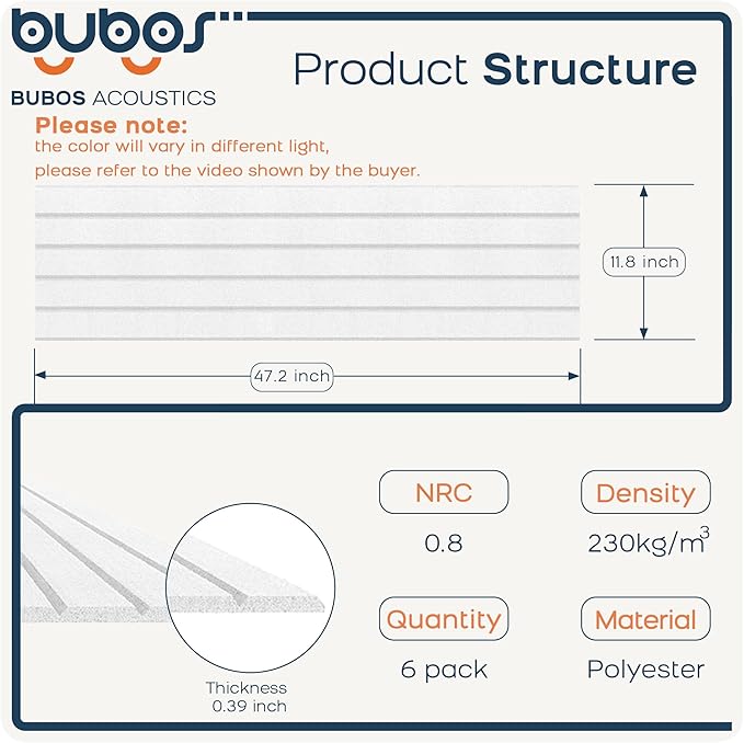 BUBOS Large Acoustic Panels, 6 Pack 48x12 Inch SoundProof Panels for Walls, Self Adhesive Acoustic Wall Panels, Decorative Sound Panels for Home Studio Office (White 02)