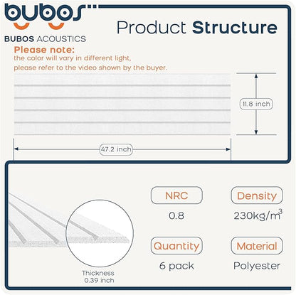 BUBOS Large Acoustic Panels, 6 Pack 48x12 Inch SoundProof Panels for Walls, Self Adhesive Acoustic Wall Panels, Decorative Sound Panels for Home Studio Office (White 02)