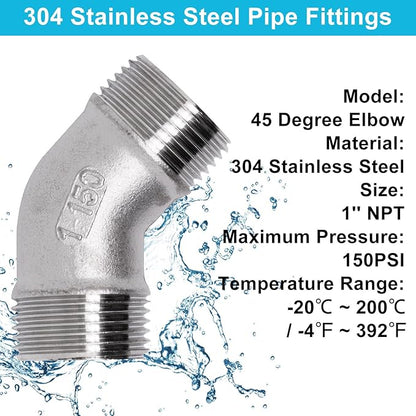 45 Degree Elbow 1PCS, 1" NPT Male X 1" NPT Male 304 Stainless Steel Pipe Fitting, Connector Coupler Apply to Outdoor/Garden/Industrial