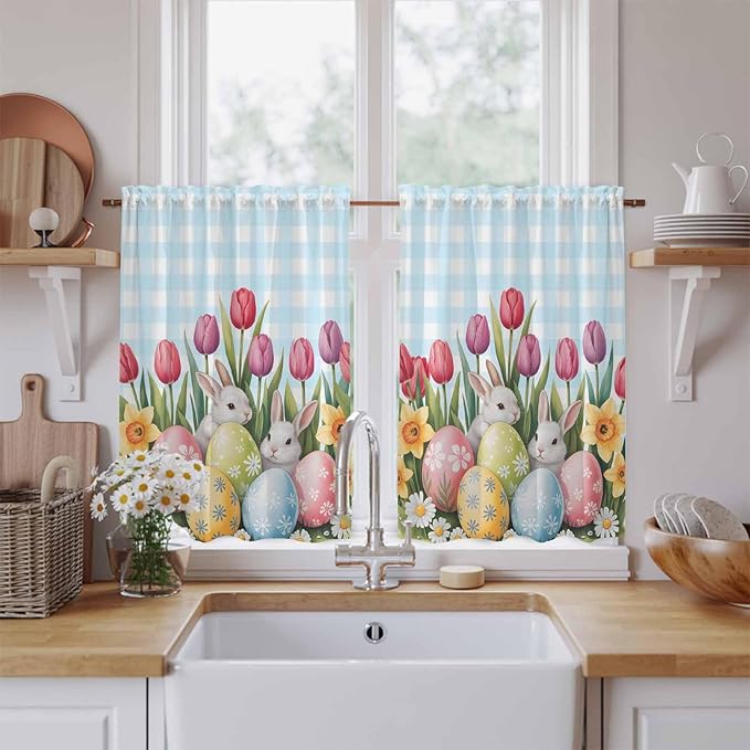 Easter Kitchen Curtains 54 Inch Long 2 Panel Set,Rod Pocket Window Curtains Panels,Spring Bunny Colorful Eggs Tulip Flowers Blue Check Light Filtering Drapery Draperies for Bathroom 52"W x 54"L